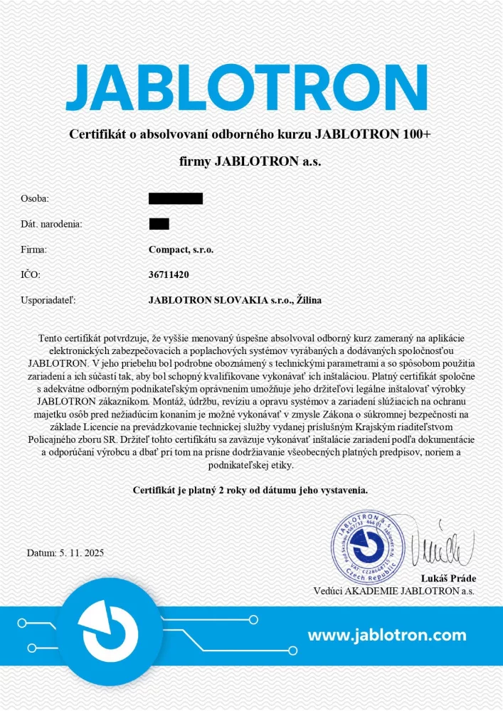 Certifikát o absolvovaní odborného kurzu JABLOTRON 100+